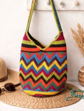 Handmade Crochet Hobo Bag Multicolor Chevron Boho Knit Shoulder Purse Festival